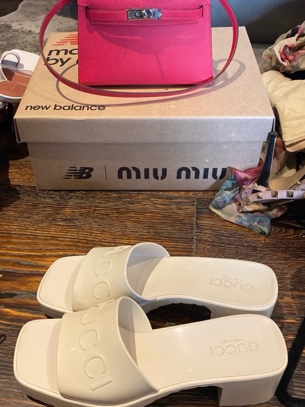 Gucci White Logo Block Heel Slide Sandals
